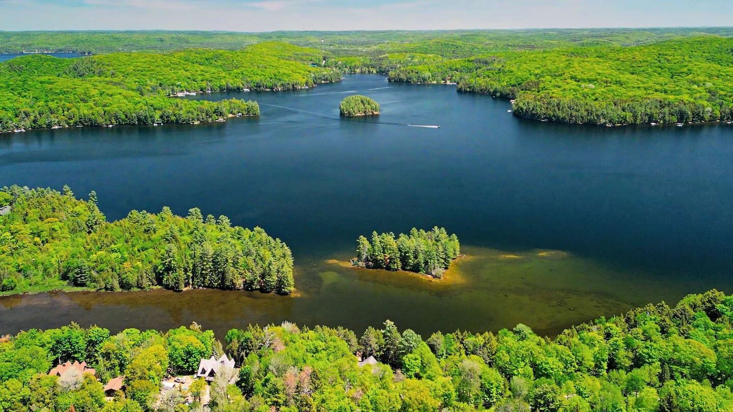Aerial view of Lake of Bays and the surrounding forest